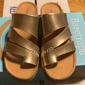BareTraps Metallic Gold Crisscross Slide Sandals